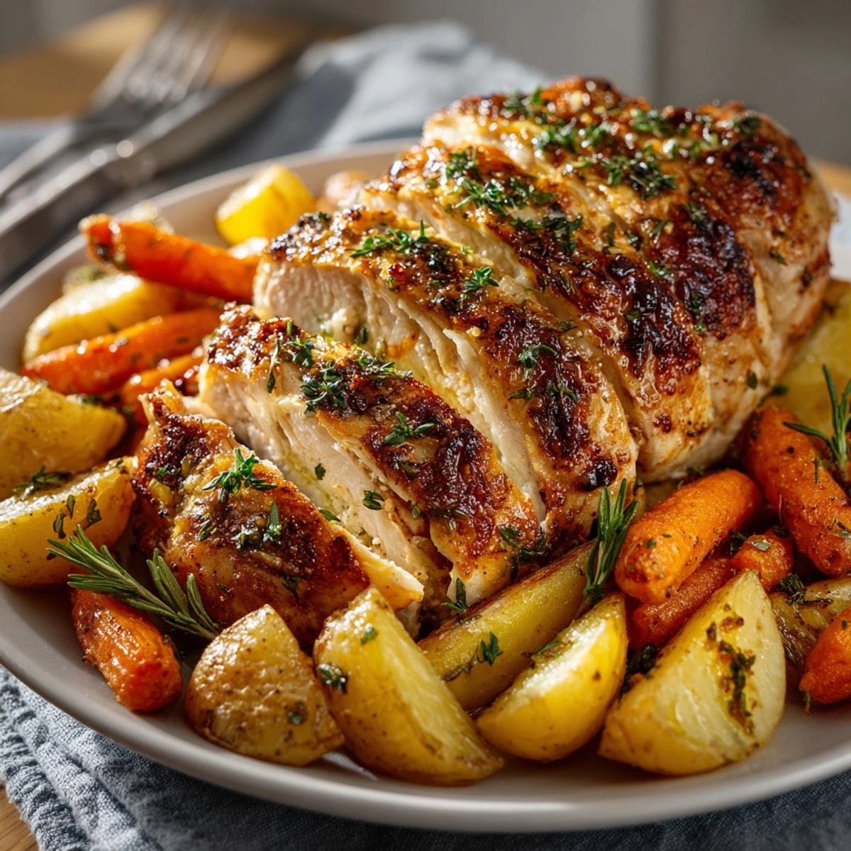Fragrant Herb-Roasted Whole Chicken recipe: Crisp skin, juicy meat, an easy weeknight dinner.