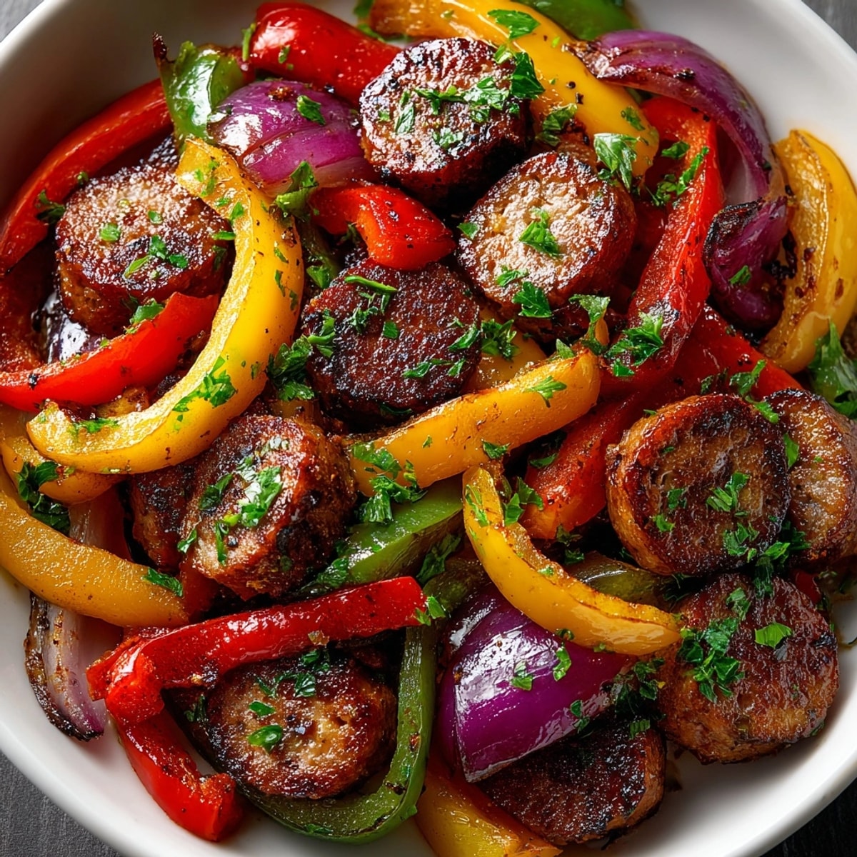 Juicy Sheet Pan Sausage and Peppers sizzling hot, ready to pile onto hoagies.