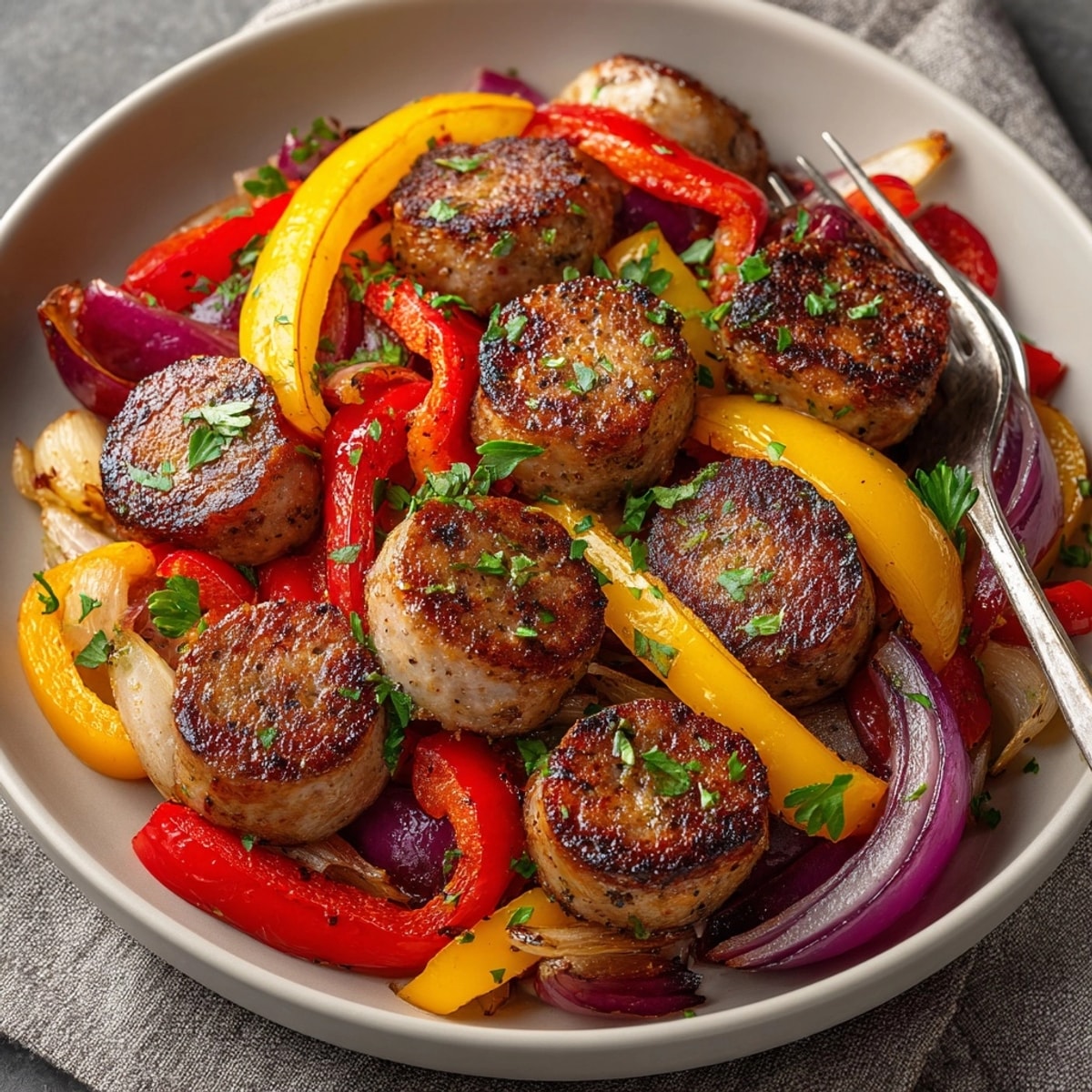 Colorful Sheet Pan Sausage and Peppers recipe: Italian sausage cooks nestled with bell peppers.