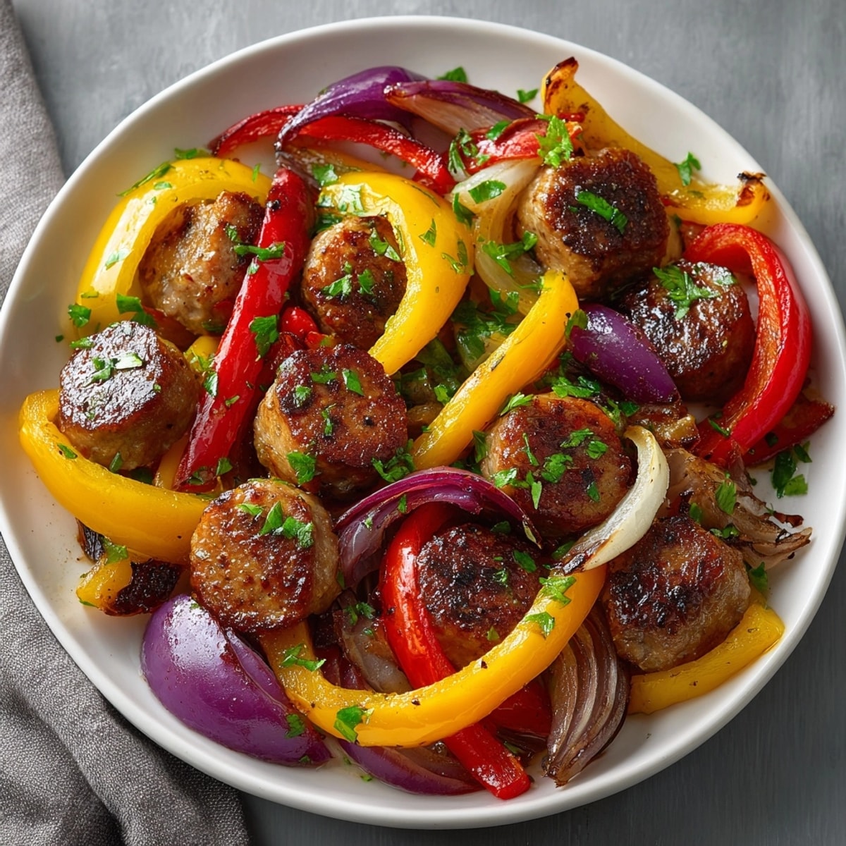 Easy Sheet Pan Sausage and Peppers, a flavorful weeknight dinner, browned and aromatic.
