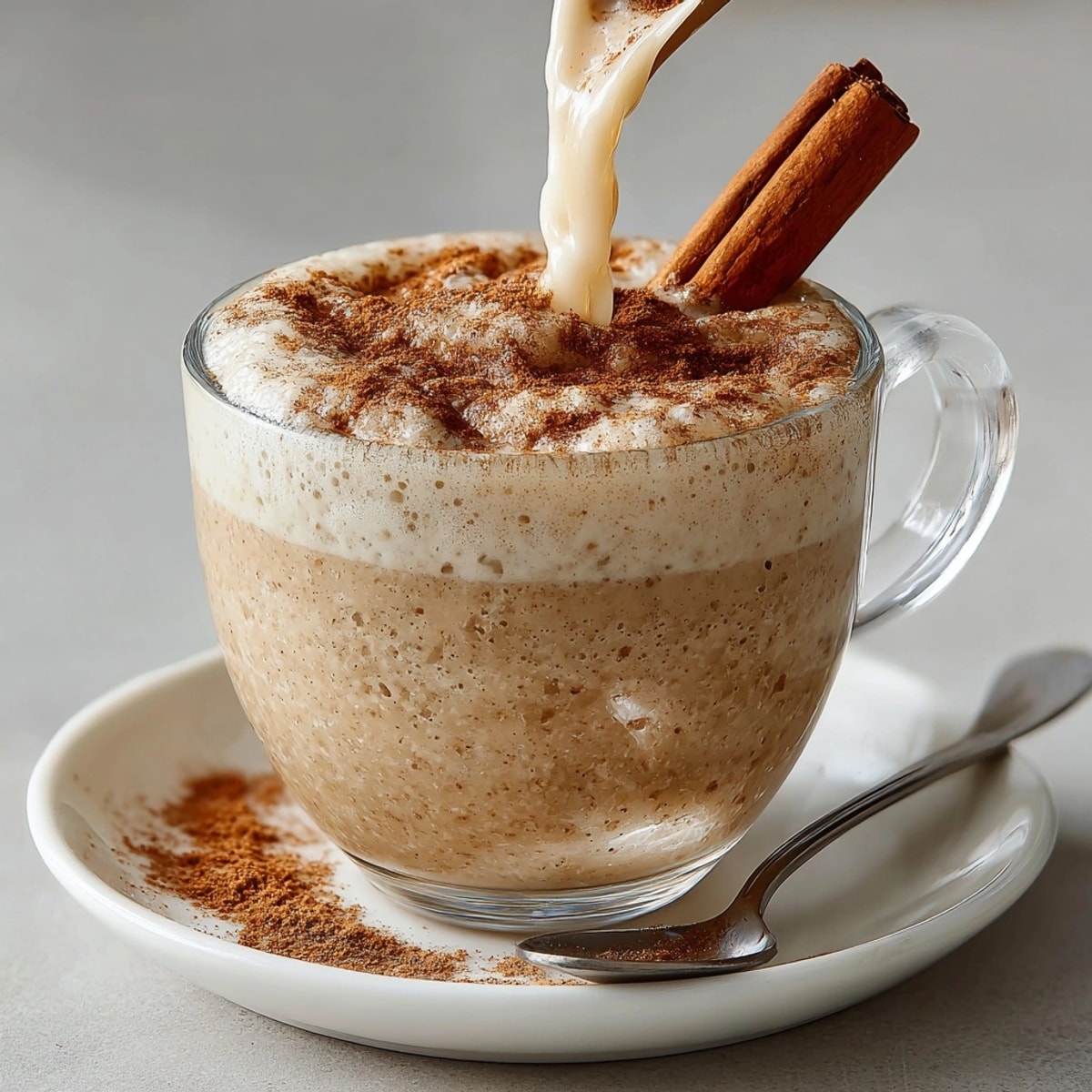 Creamy Non-Alcoholic Coquito Mocktail: a chilled, fragrant, festive drink sprinkled with cinnamon.