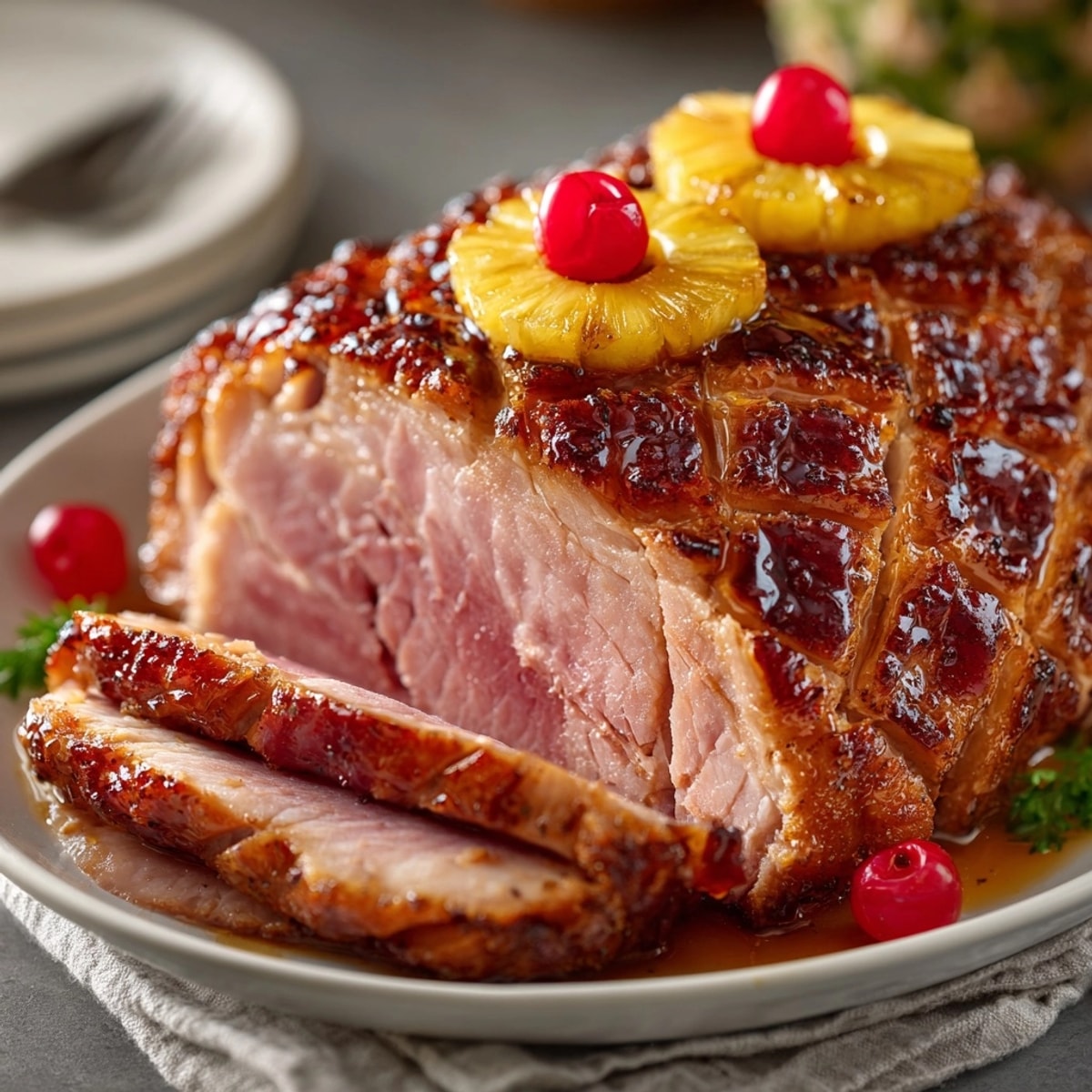 Hot, sticky Brown Sugar Pineapple Ham ready to serve, a flavorful centerpiece main dish.