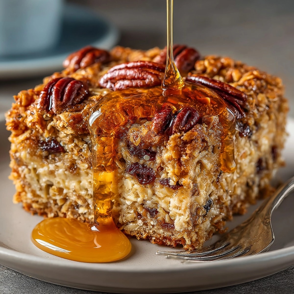 Golden Maple Brown Sugar Oatmeal Bake, speckled with pecans, fresh from the oven.