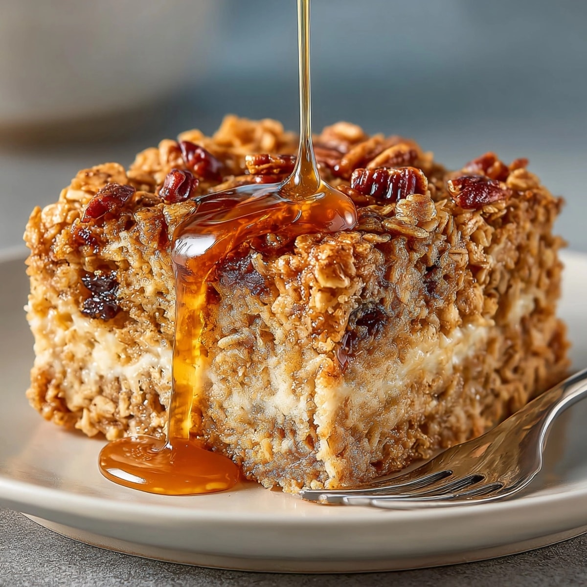 Warm Maple Brown Sugar Oatmeal Bake, sliced and ready to serve with syrup drizzle.