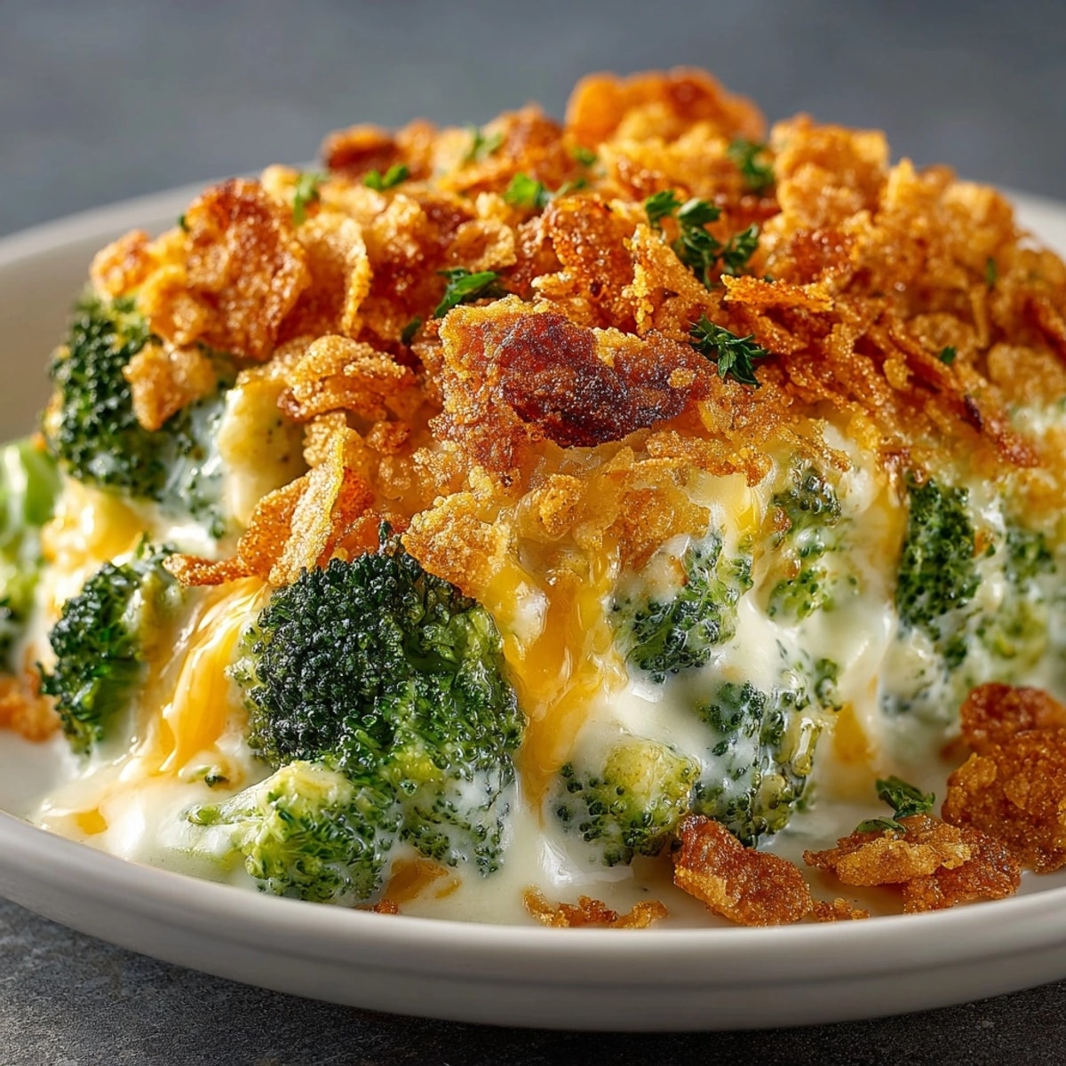 Golden Broccoli & Cheddar Casserole with crispy cornflake topping bubbling hot from the oven.