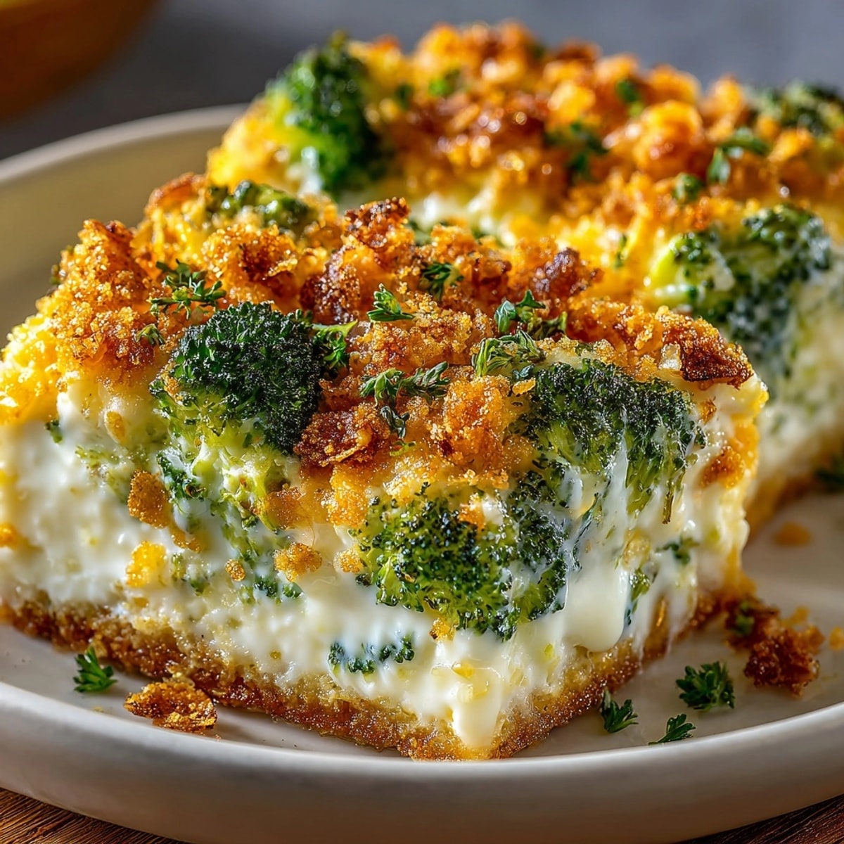 Homemade Broccoli & Cheddar Casserole, a cheesy, vegetarian family favorite, baked until perfectly golden.