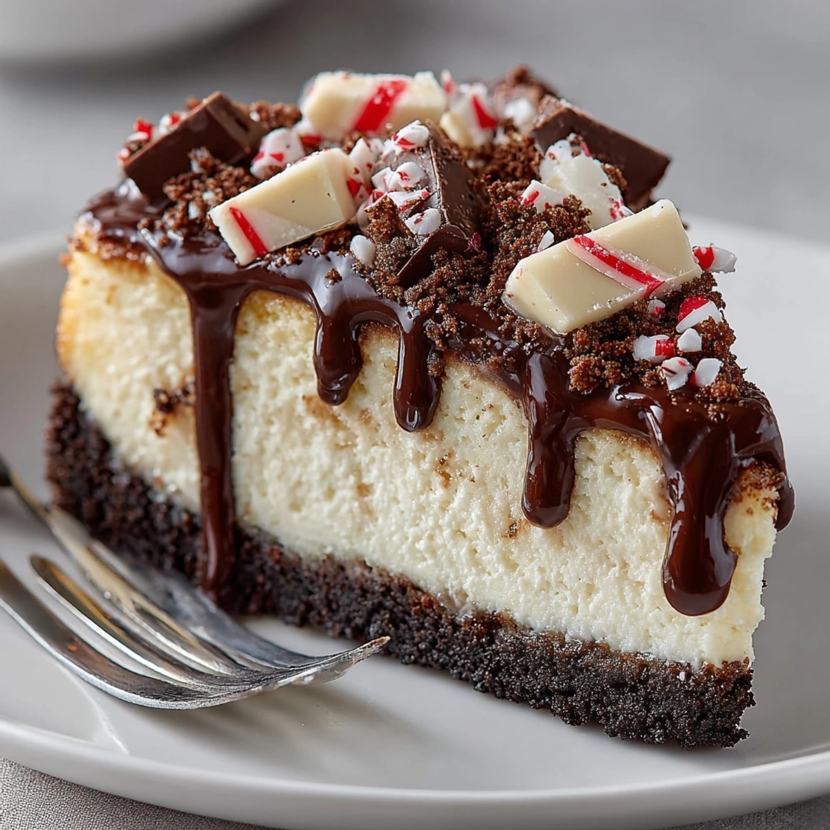 Festive White Chocolate Peppermint Bark Cheesecake: Creamy, cool peppermint layers atop a chocolate crust.