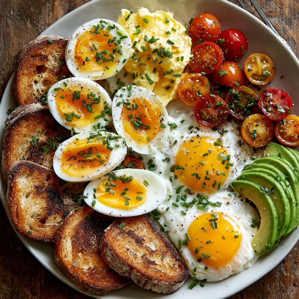 Close-up on a delicious Egg Flight Platter: creamy scrambled, runny yolks, and crisp toast.