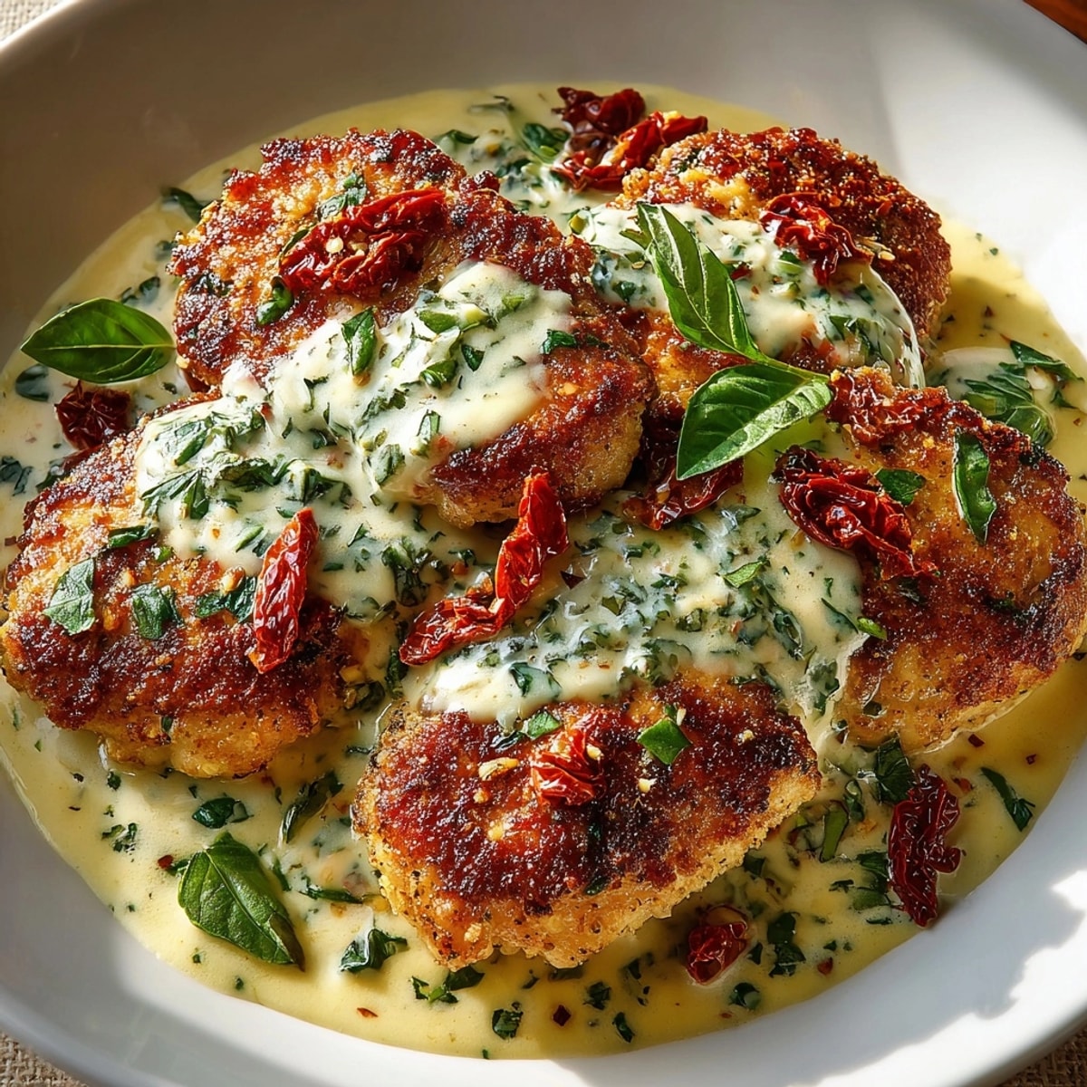 Golden brown "Marry Me Chicken" simmering in a creamy sun-dried tomato sauce in a skillet.
