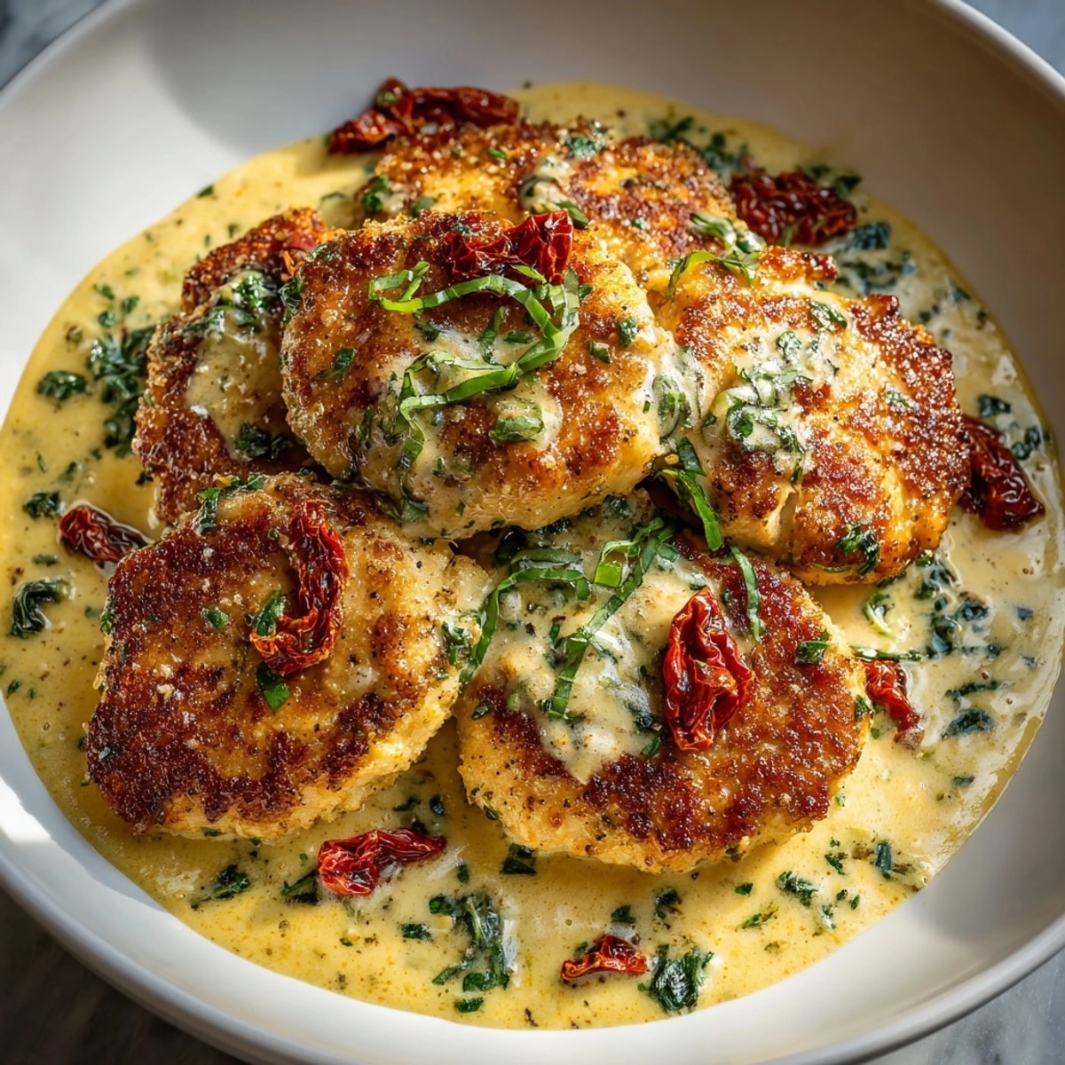 A fork lifts tender "Marry Me Chicken" bathed in a rich parmesan cream sauce.