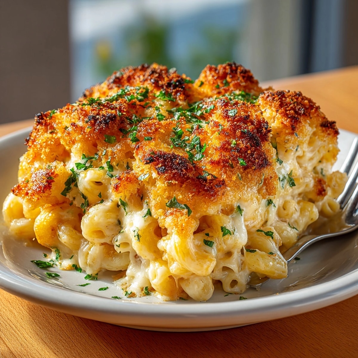 Close-up of Tini’s Mac and Cheese: a rich cheddar bake with crisp, buttery breadcrumbs.