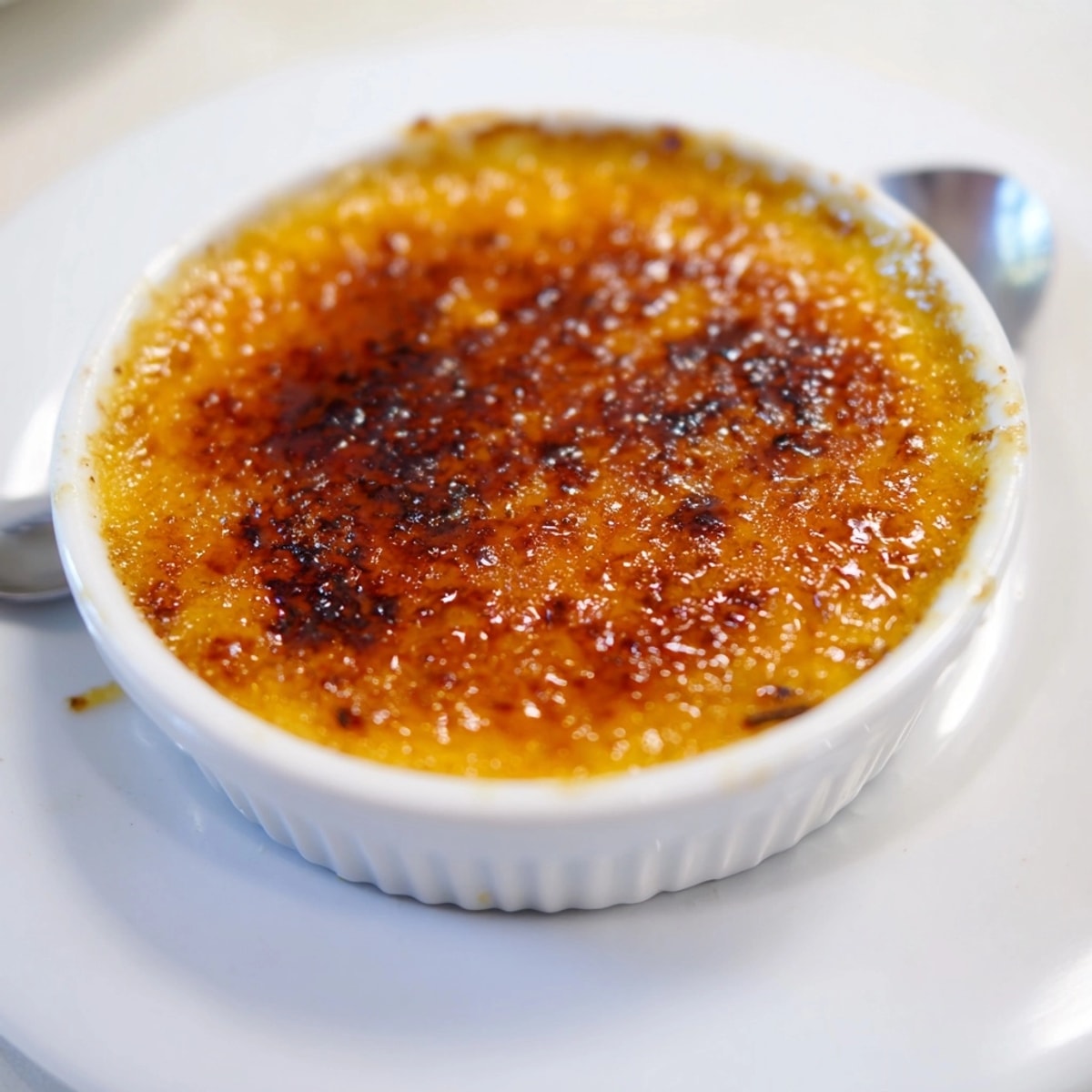 Rich and decadent Crème Brûlée, a classic dessert, served in ramekins after torching.