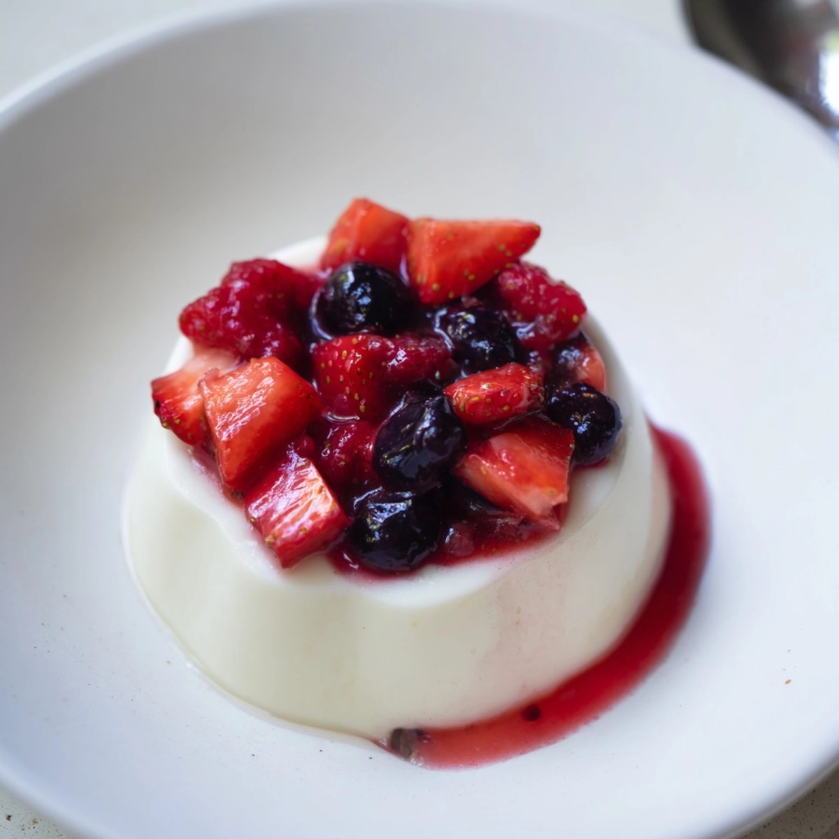Silky smooth Panna Cotta in a glass with vibrant red berry topping.