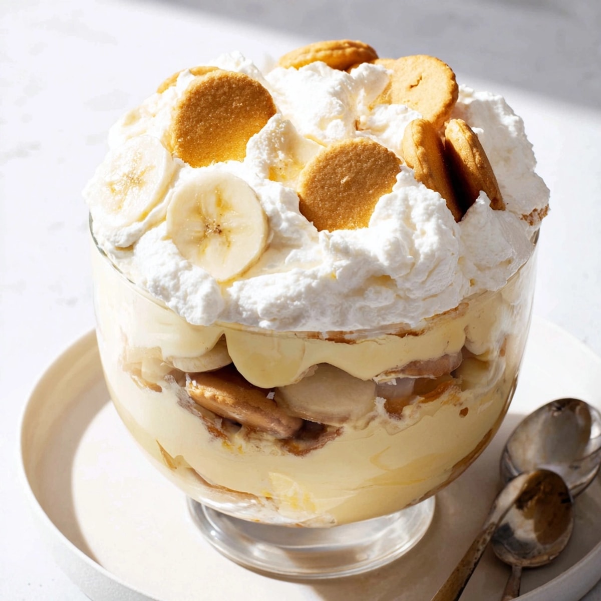 Creamy, layered Banana Pudding with sweet vanilla wafers and sliced bananas, topped with whipped cream.
