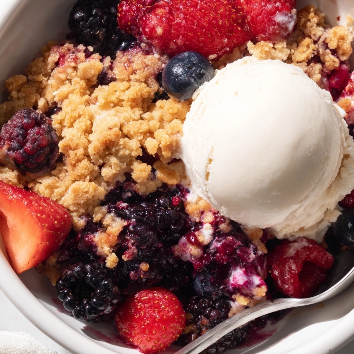 Golden brown Berry Crumble bubbling hot from the oven, ready to serve.