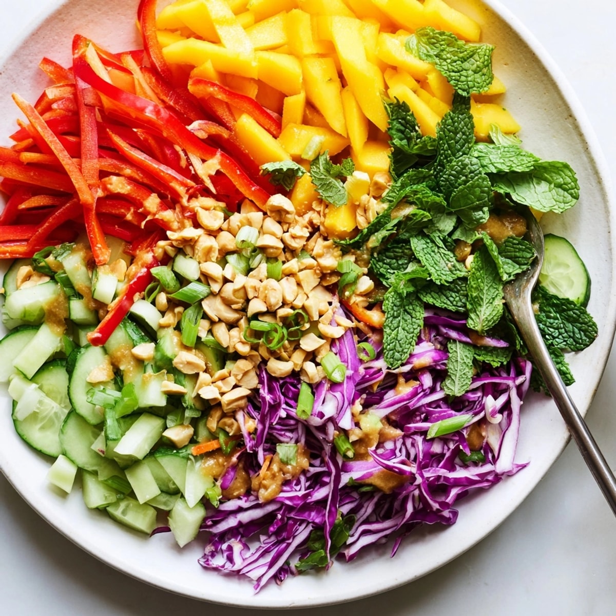 Preparing zesty Thai Peanut Mango Veggie Salad for a quick, colorful dinner.
