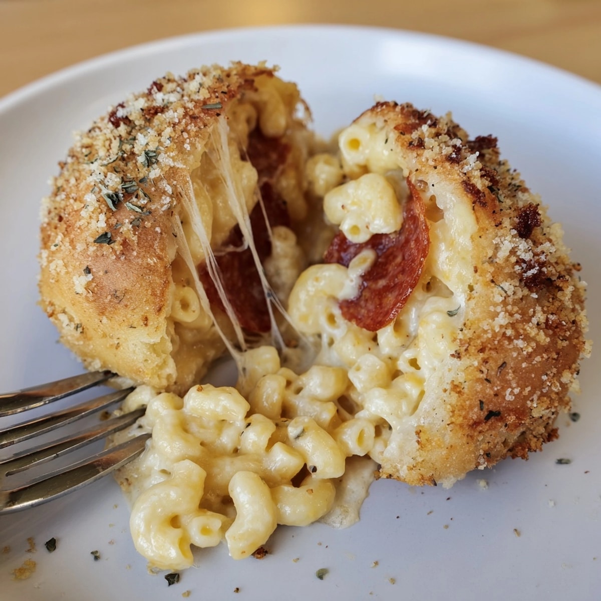 Golden Cheesy Pepperoni Mac Bombs, fresh from the oven, oozing cheese and comforting warmth.