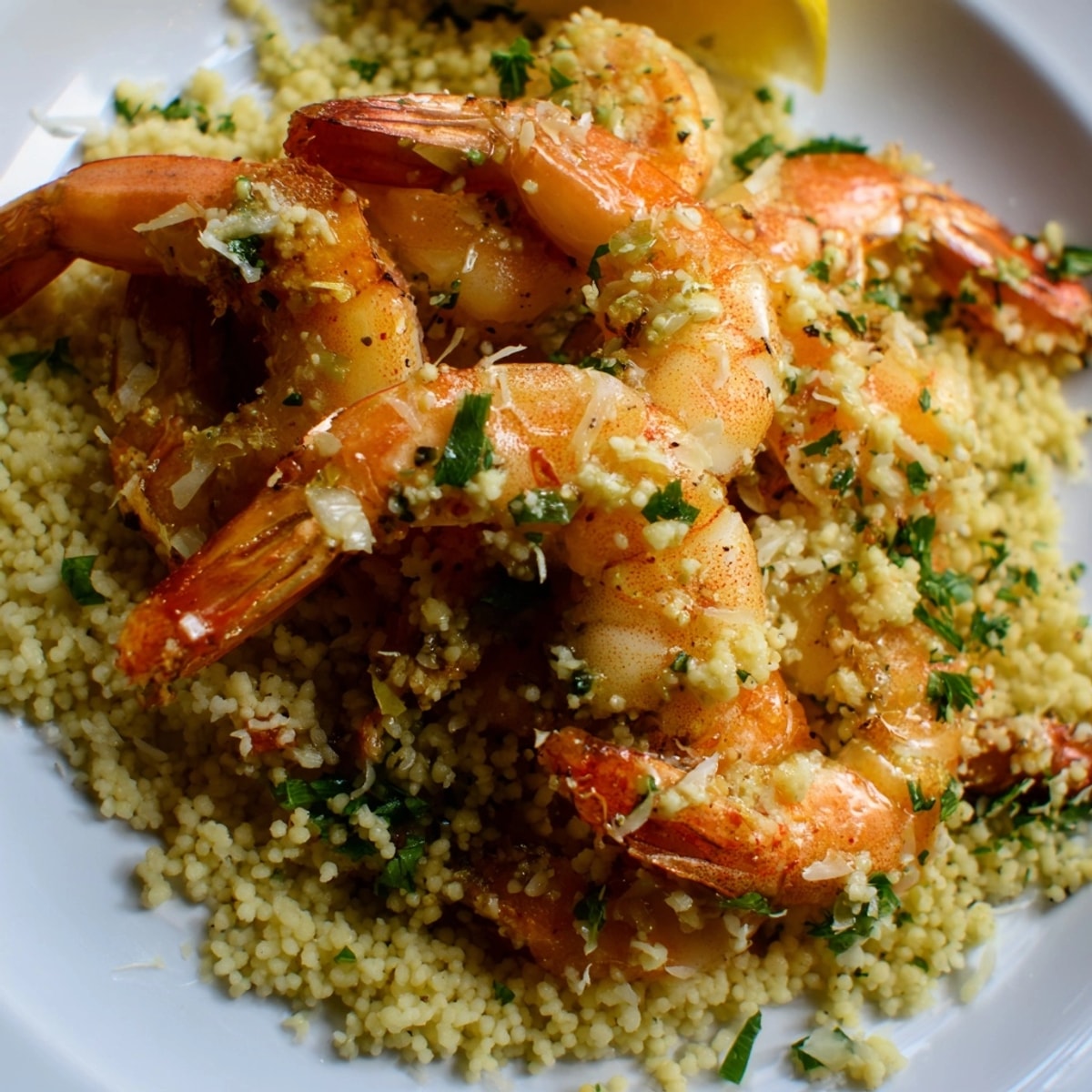 Golden Shrimp Parmesan Couscous, flecked with parsley, is a quick, satisfying meal.