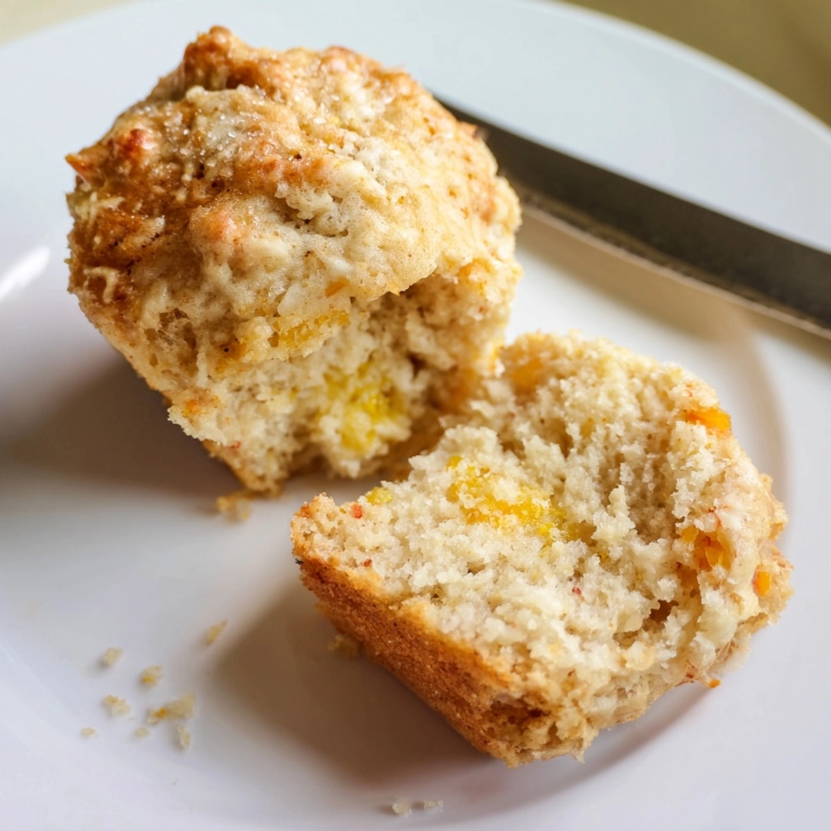 Golden brown Ricotta Citrus Banana Muffins, speckled with zest, baking in muffin tin.