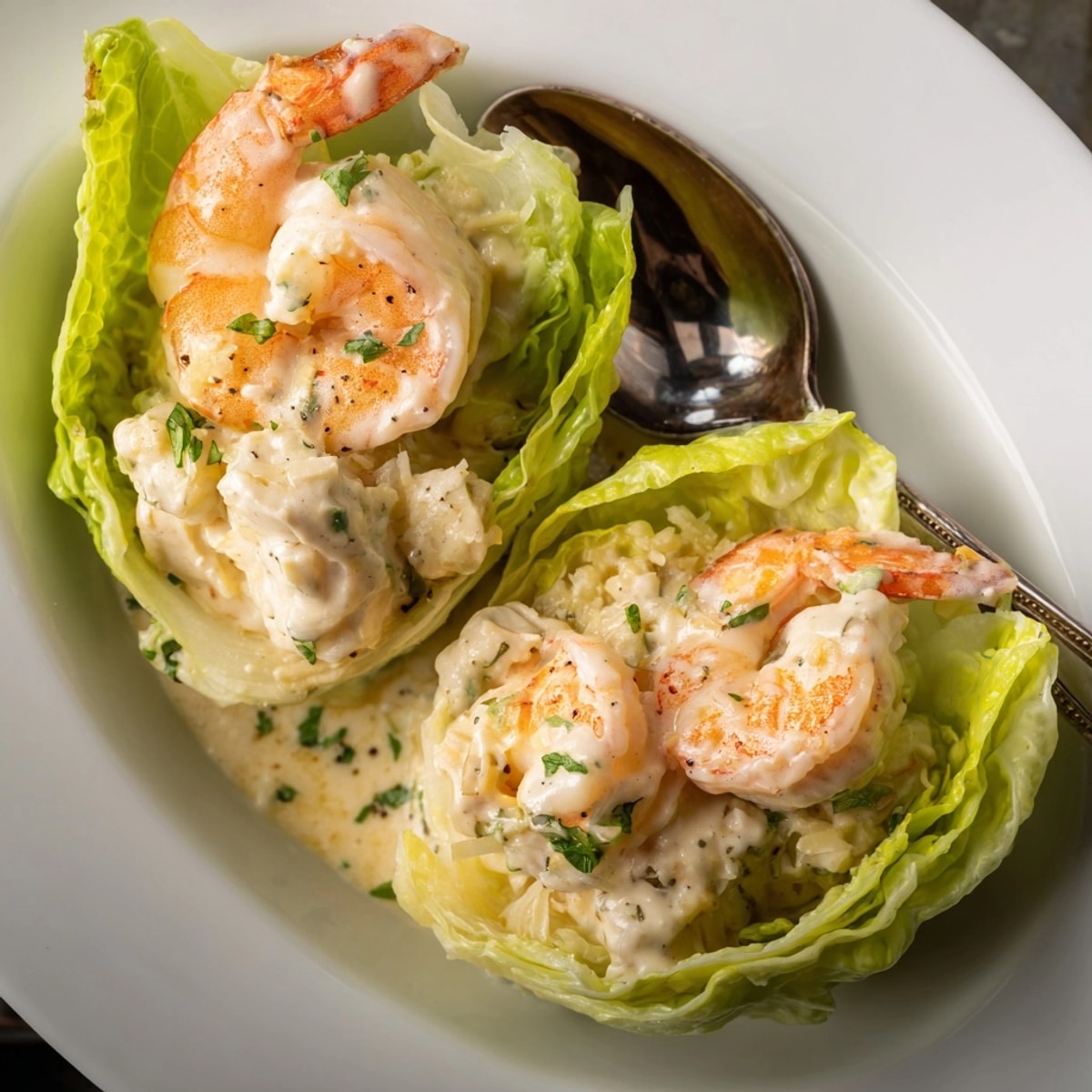 Easy Shrimp Alfredo Cabbage Cups recipe: Bite-sized delights with garlicky cream and Parmesan touch.