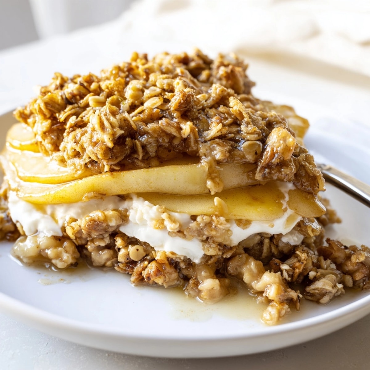 Golden Ricotta Apple Granola Crisp bubbling in baking dish, ready for a comforting dessert.