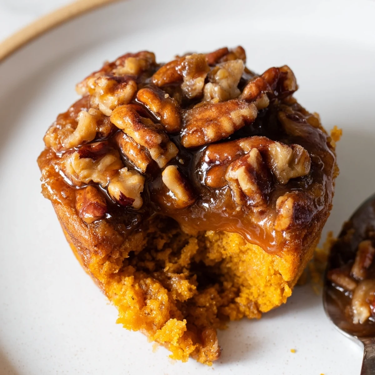 Moist pumpkin muffin pecan pie cups topped with crunchy pecans and maple syrup.  