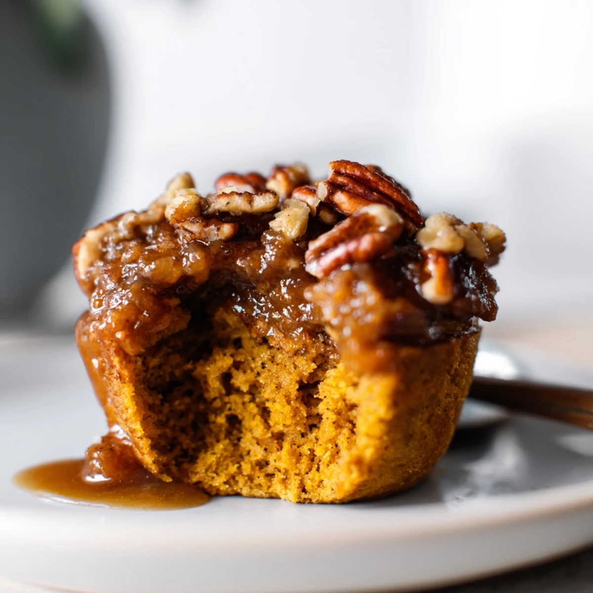 Gooey pecan pie topping on fluffy pumpkin muffin cups, an autumn dessert delight.