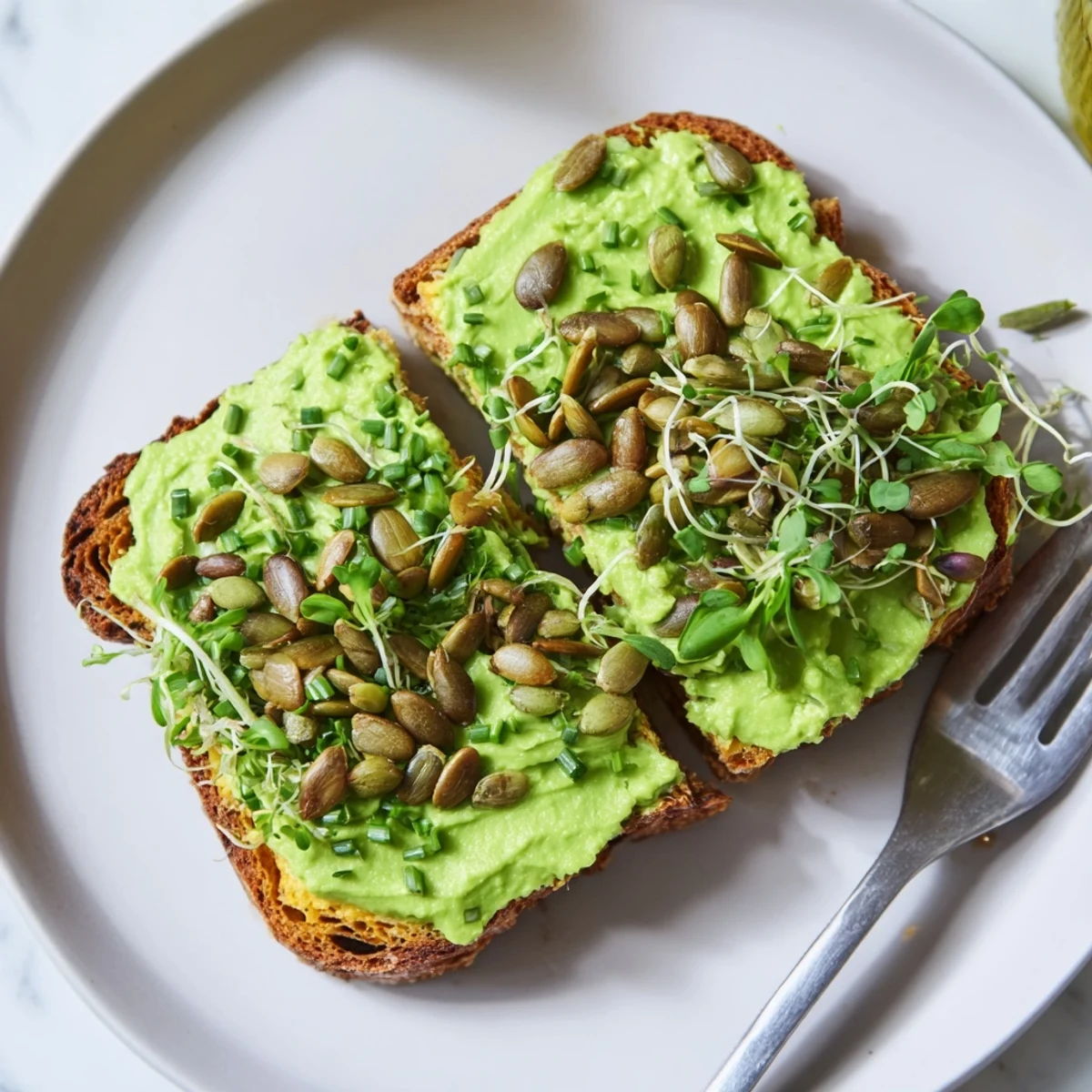 Savory Edamame Pumpkin Muffin Toasts topped with creamy spread and fresh chives.  