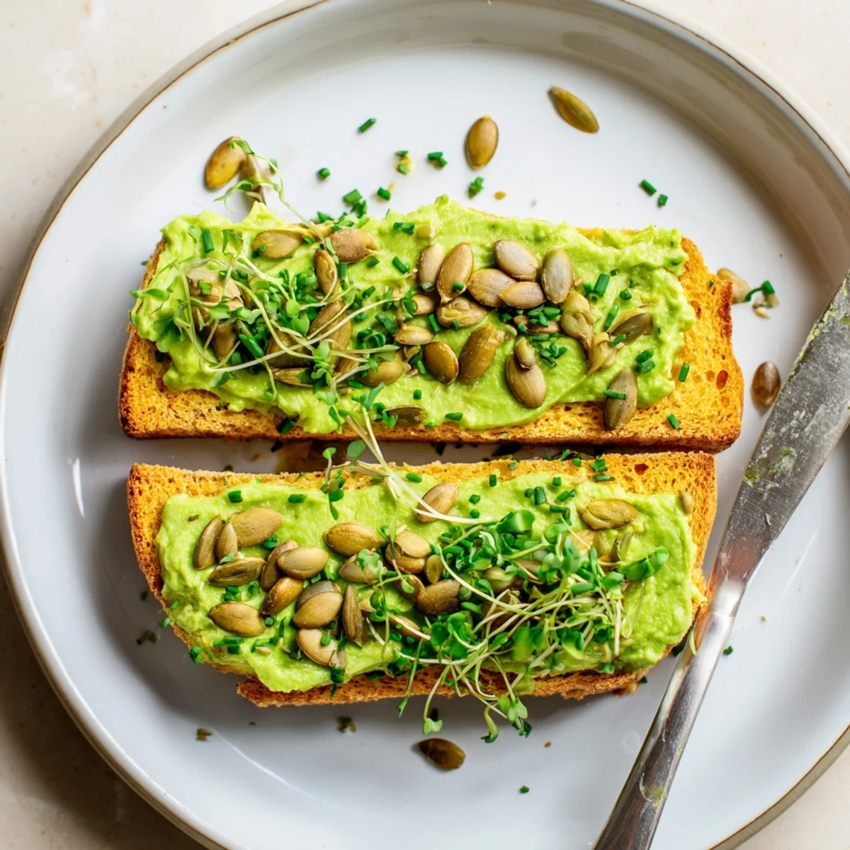 Delicious Edamame Pumpkin Muffin Toasts garnished with pumpkin seeds and chili flakes.