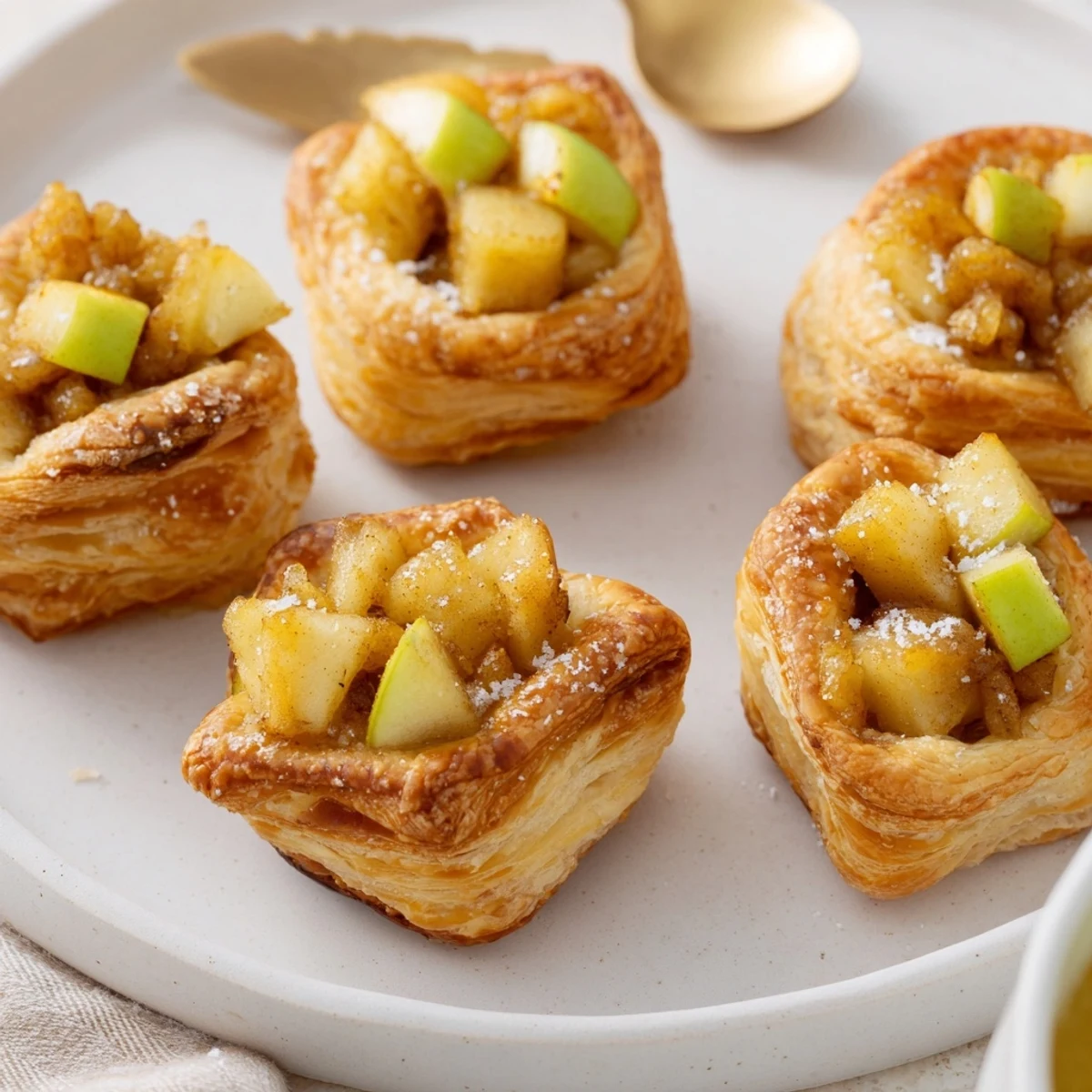 Miniature puff pastry bites bursting with spiced apple filling and melted caramel goodness.