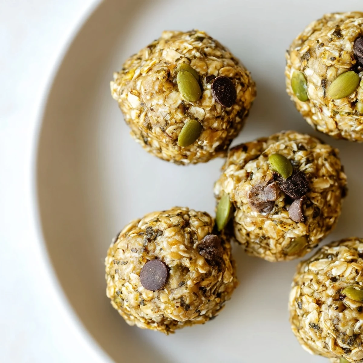 Wholesome matcha pumpkin muffin energy balls adorned with rich dark chocolate chips.