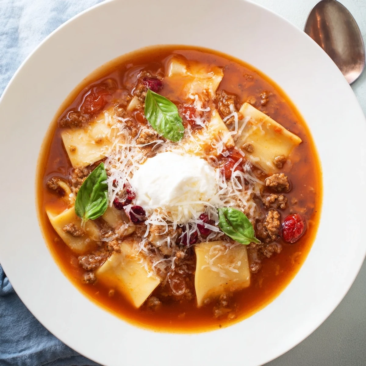Savory Lasagne Soup topped with roasted cranberries and creamy cheese delights the senses.