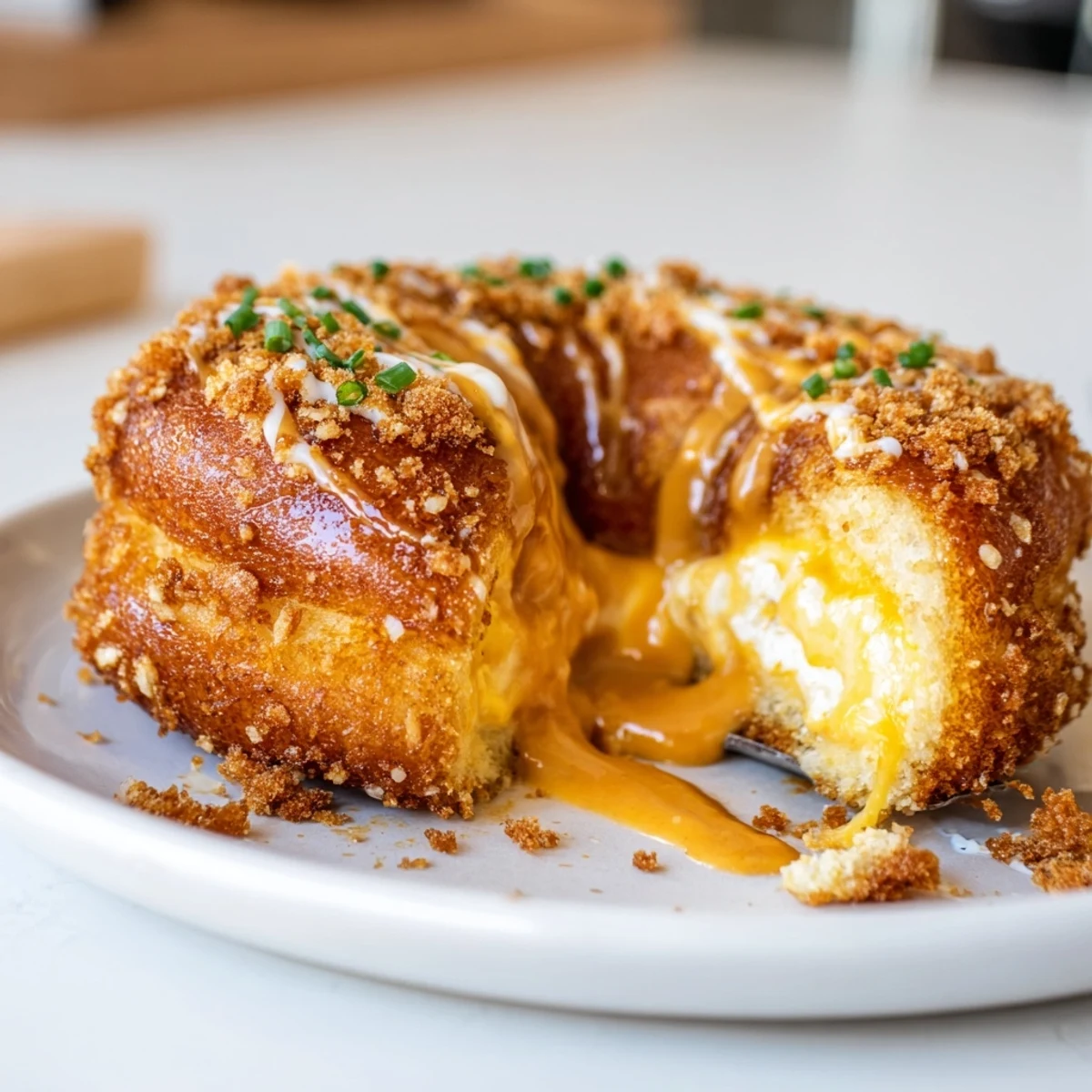 Cheesy Pretzel Buffalo Ranch Churro Cake Pancake Pops topped with crunchy pretzels and spicy drizzle.