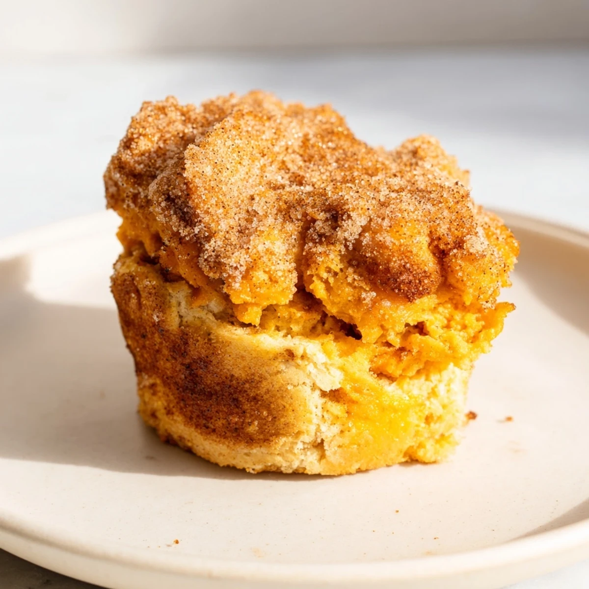 Tender cinnamon sugar maple bourbon flaky sweet potato biscuit muffins, perfect for brunch enjoyment.