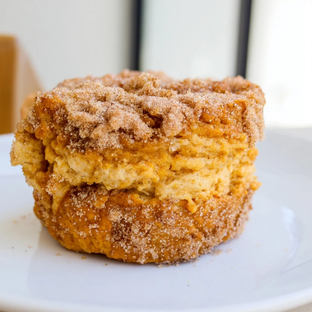 Flaky sweet potato biscuit muffins with a crunchy cinnamon sugar crust, a delightful breakfast treat.