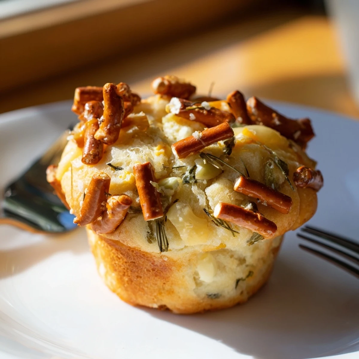 Savory Dill Pickle Cream Cheese Pretzel Muffins with a crunchy topping, perfect for appetizers.
