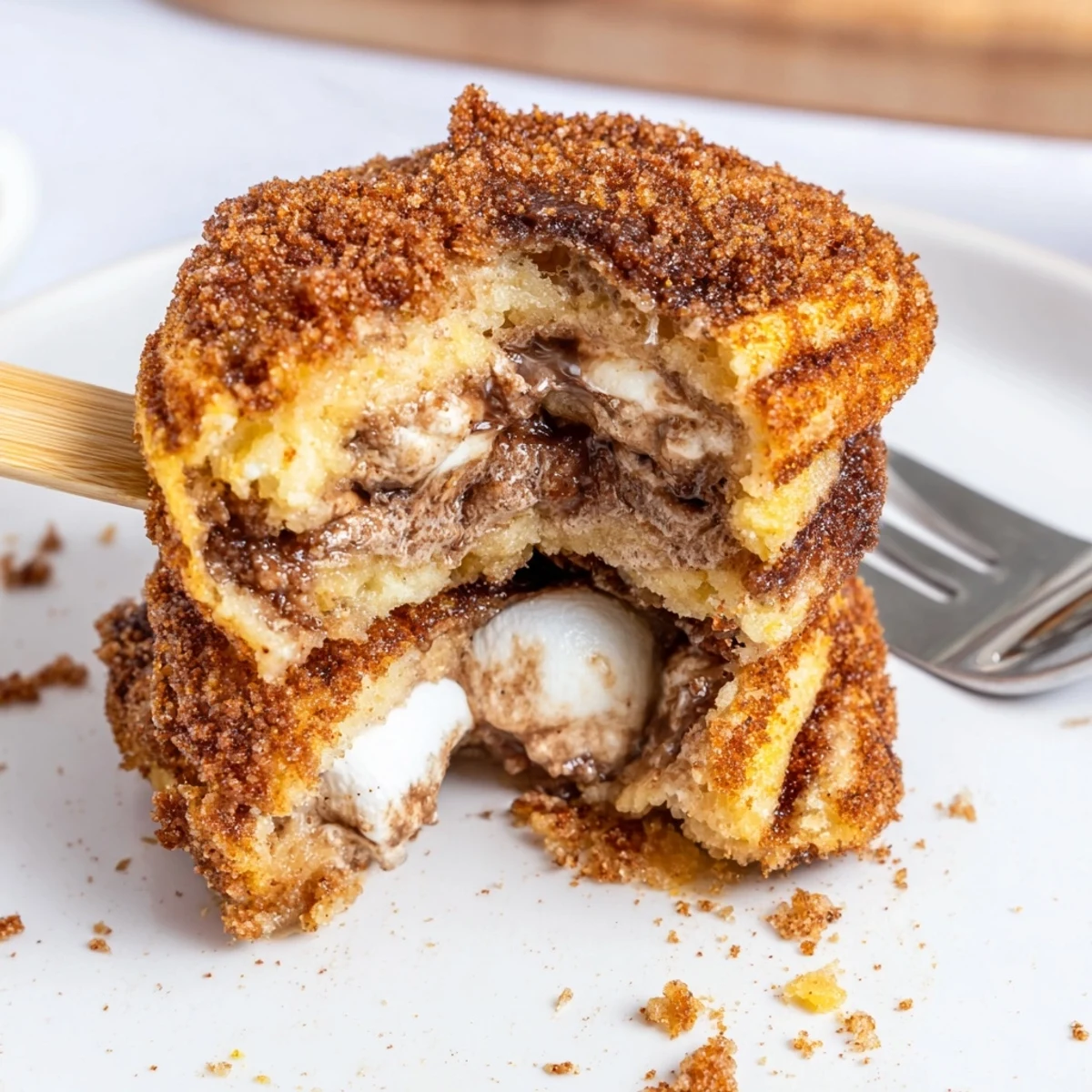 Warm cinnamon-sugar churro pancake pops filled with gooey chocolate and marshmallows.