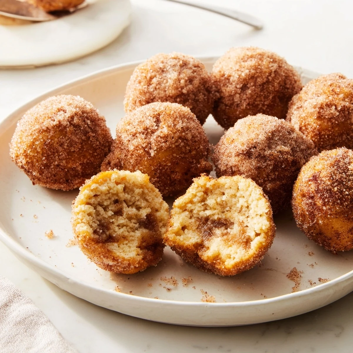Soft Sweet Tea Cinnamon Sugar Monster Cake Muffin Balls dusted with cinnamon sugar, perfect for dessert.