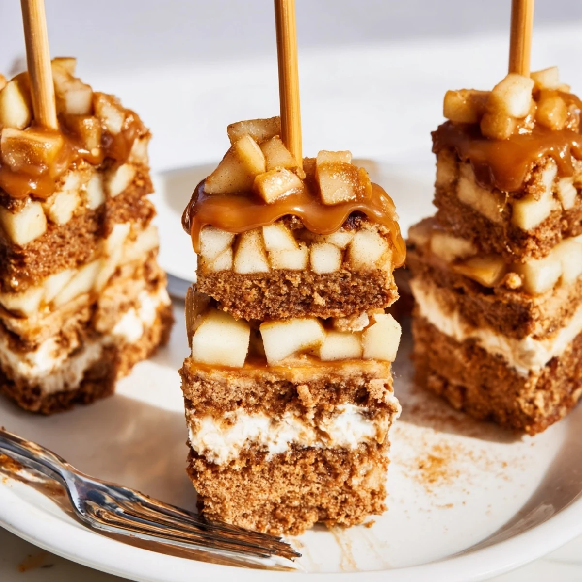 Decadent Caramel Apple Chai Cheesecake Cake Muffin Skewers served with warm caramel drizzle.