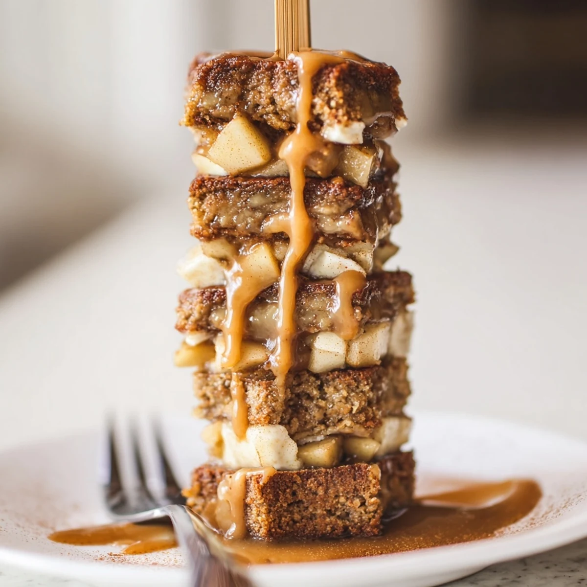 Whimsical skewers of chai cheesecake cake layered with tender caramelized apples.
