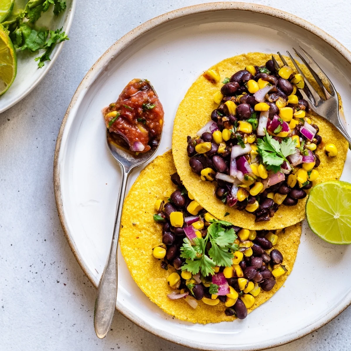Savory Quick Corn & Black Bean Tacos topped with salsa, perfect for taco night.