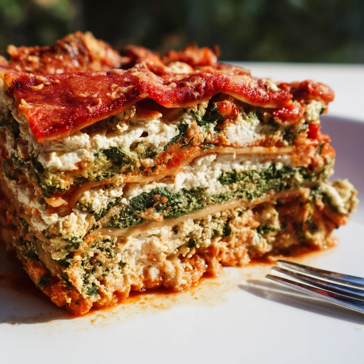 Creamy Quick Veggie Ricotta Lasagna with spinach and melted mozzarella ready to serve.