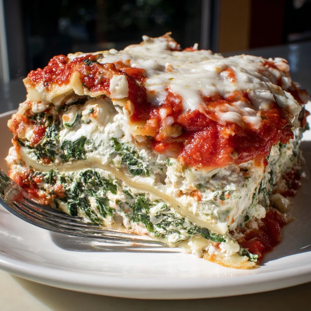 Layered Quick Veggie Ricotta Lasagna bubbling with marinara and cheese, perfect for dinner.