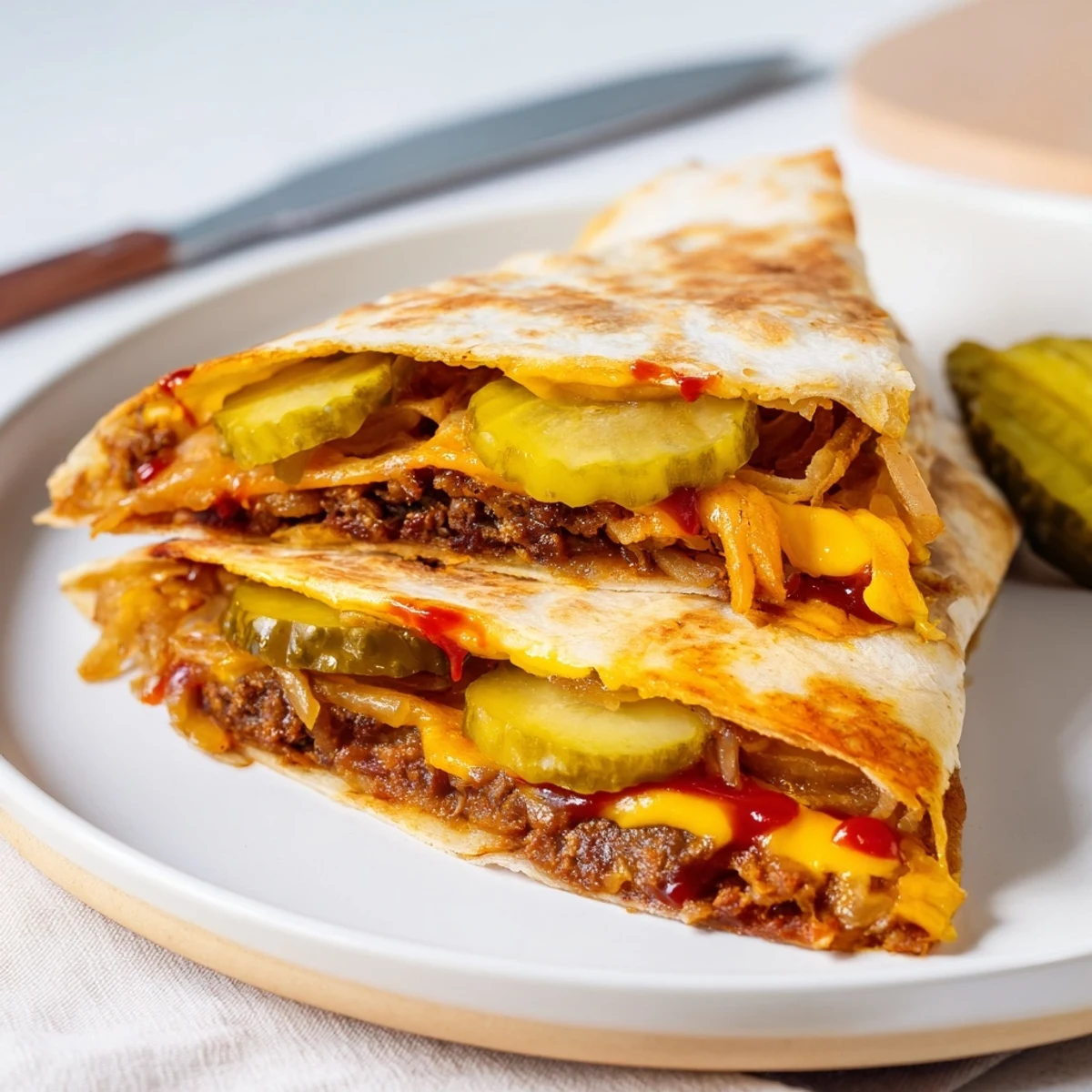 Golden-brown quesadillas featuring melty vegan cheese and crunchy pickle slices inside.