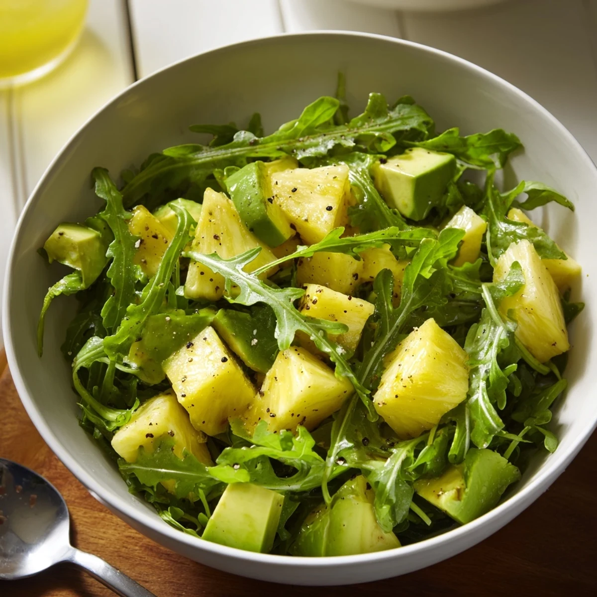 Vibrant Pineapple Avocado Summer Salad with creamy avocado and peppery arugula delight.