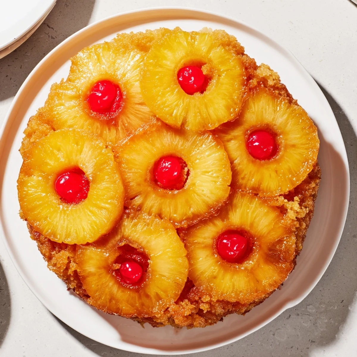 Light Pineapple Upside-Down Cake topped with juicy pineapple rings and coconut sugar glaze.