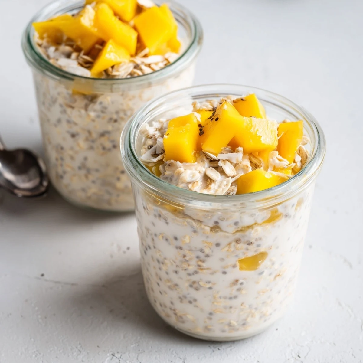 Creamy mango chia overnight oats topped with fresh tropical mango chunks.