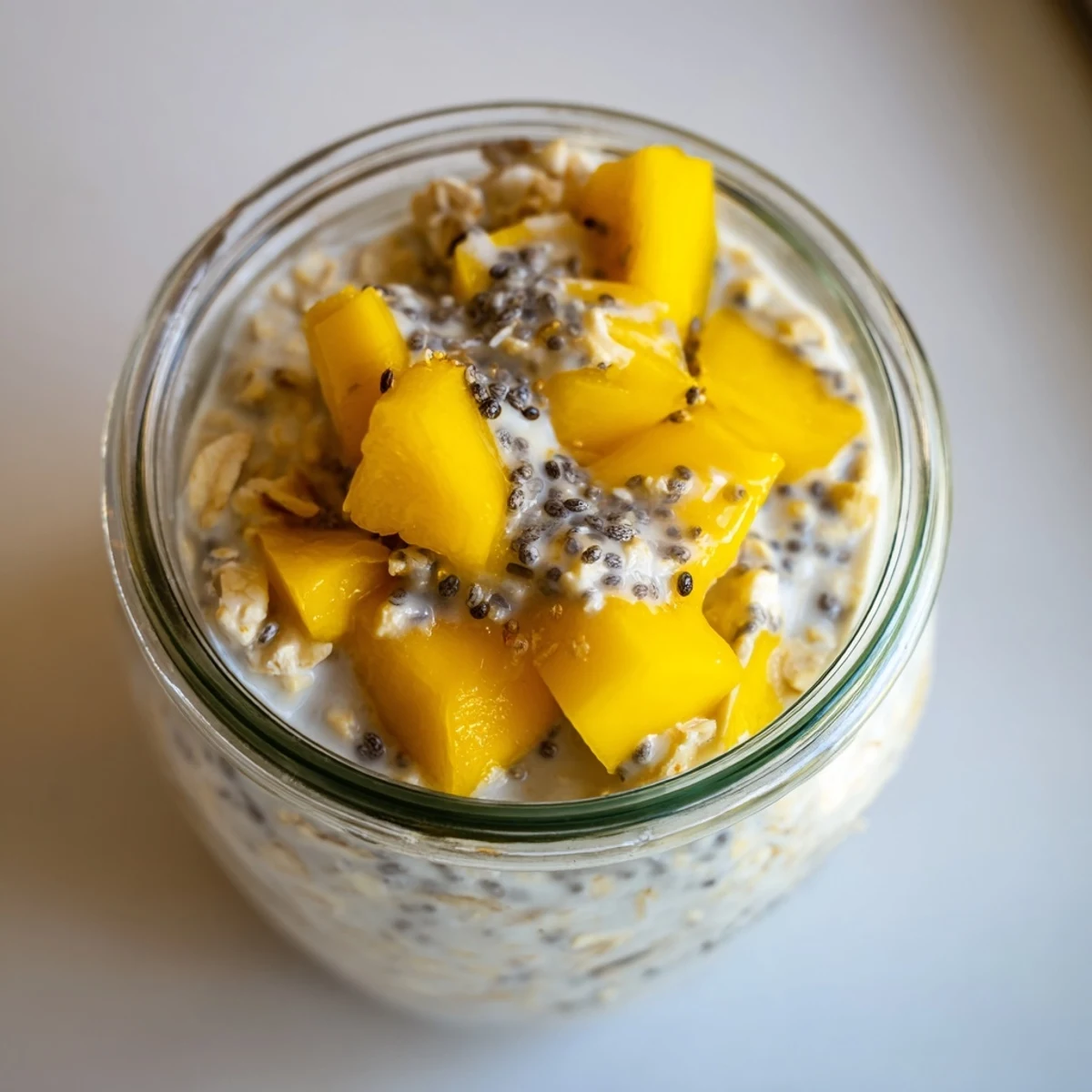 Delicious vegan mango chia overnight oats, perfect for a quick breakfast.