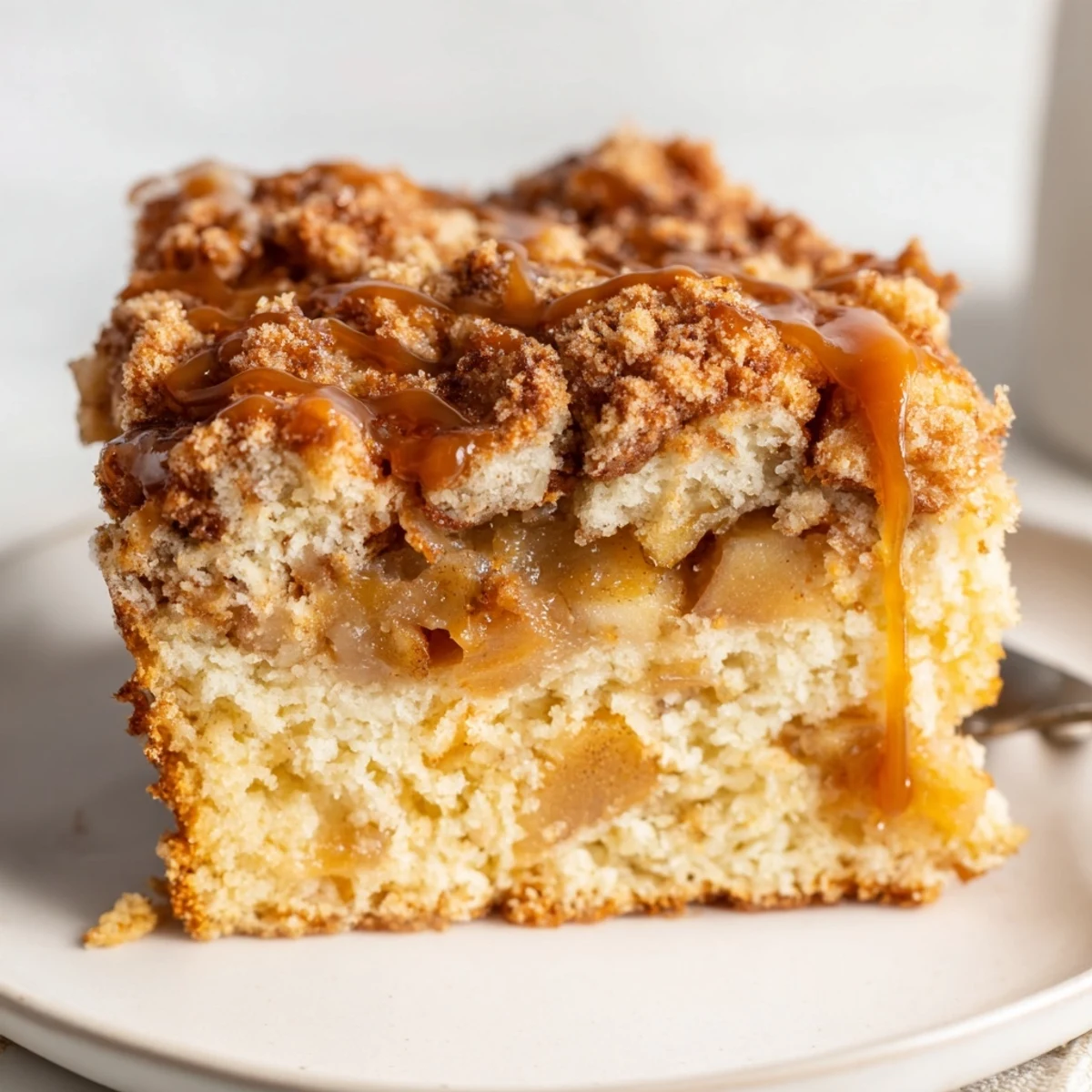 Delicious cream soda caramel apple biscuit muffin loaf topped with golden crispy crumbles.  