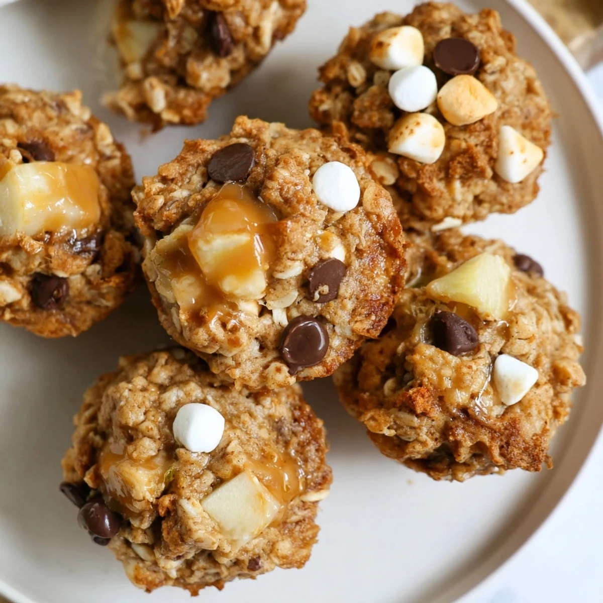 Delicious smores caramel apple cinnamon pancake muffin balls drizzled with warm chocolate sauce.  